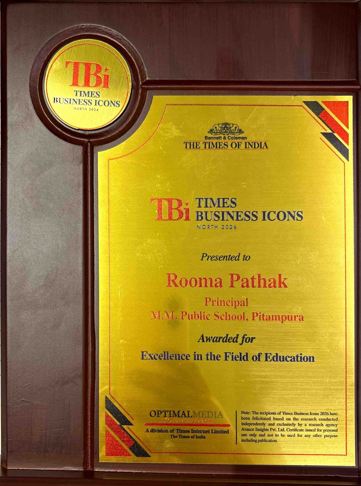 Times Business Icon North 2026 Award — alumnus of M.M. Public School, Pitampura Delhi