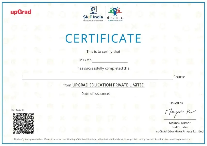 NSDC Certificate — held by Bhopal - upGrad Learning Support Centre