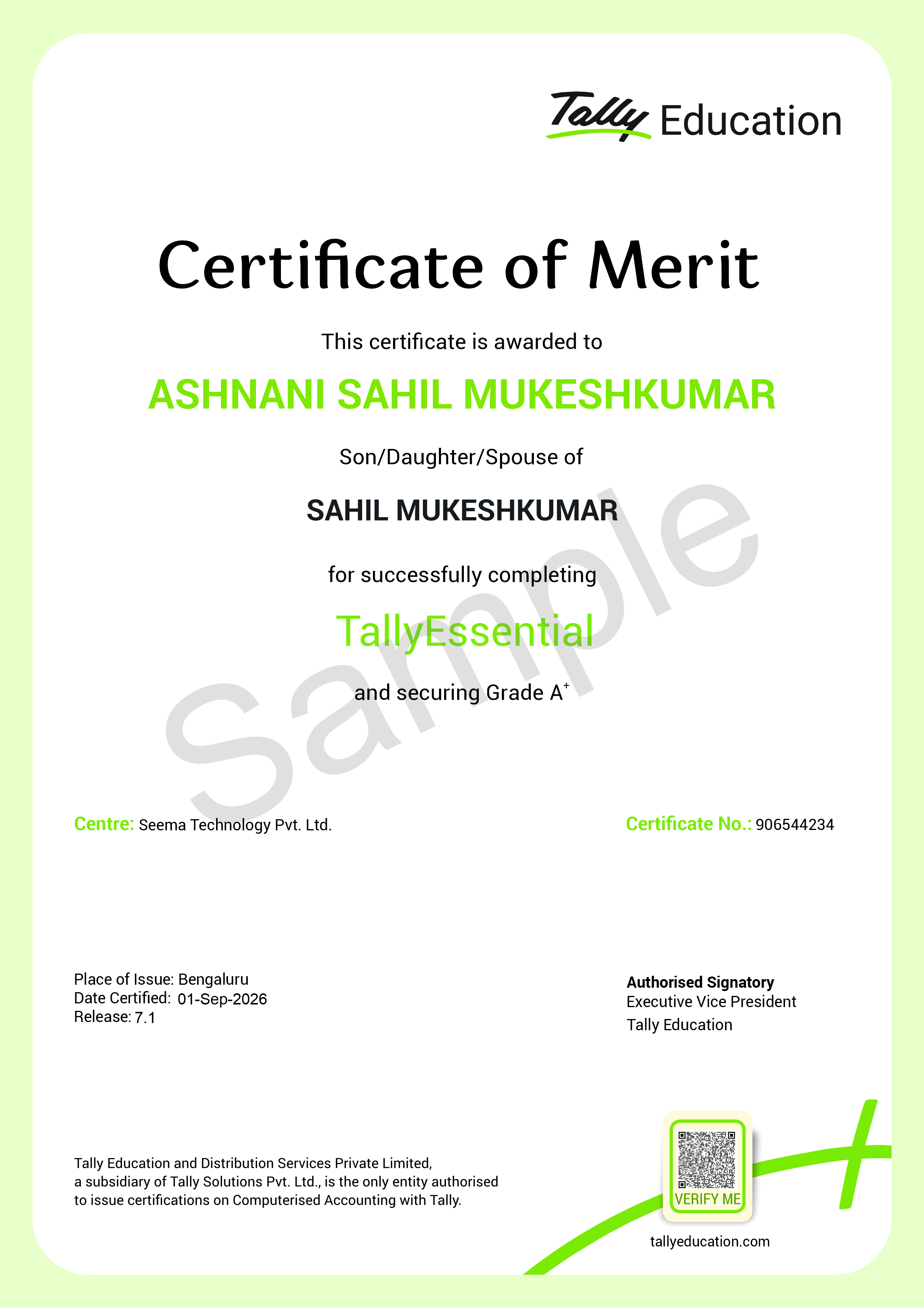 Tally Certificate Sample — held by Tally Education and Distribution Services Pvt. Ltd., Tepl Campus
