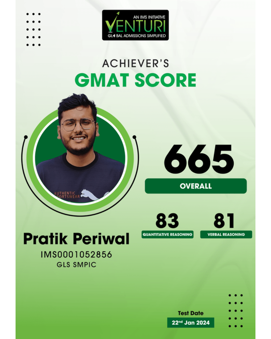 GMAT_Paritik_Periwal — alumnus of Venturi, Gulbai Tekra, Ahmedabad