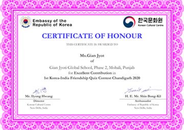 Certificate of Honour — held by Gian Jyoti Global school