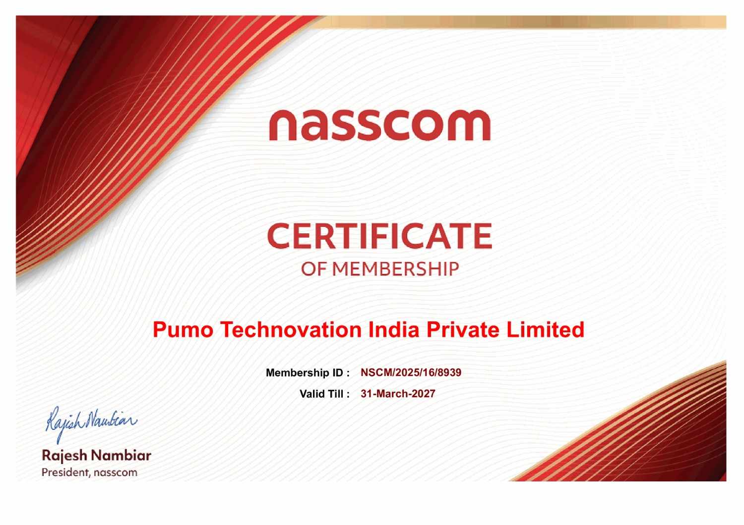 Certificate of Membership — held by Pumo Technovation, Poonamallee