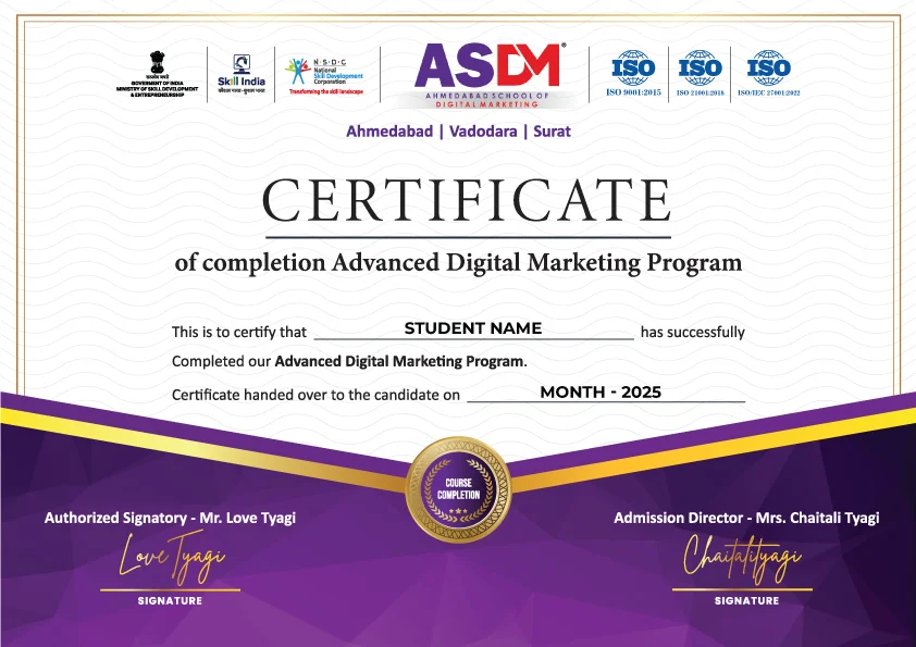 ASDM certificate sample — held by Ahmedabad School of Digital Marketing