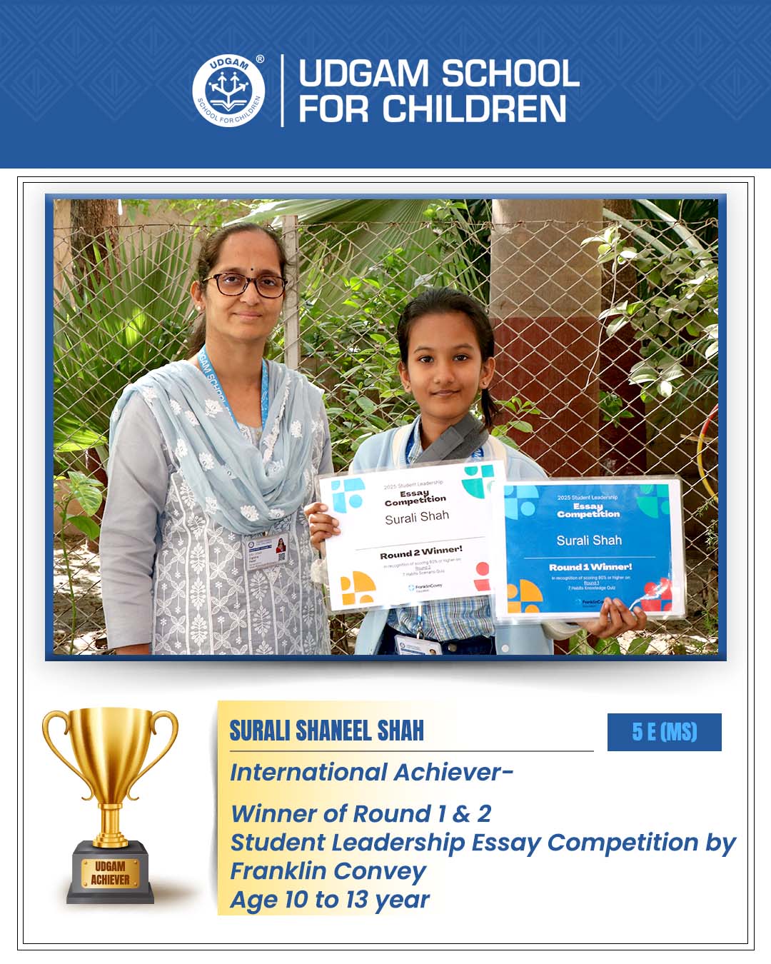 Surali Shah Excels International Leadership — Udgam School, Thaltej