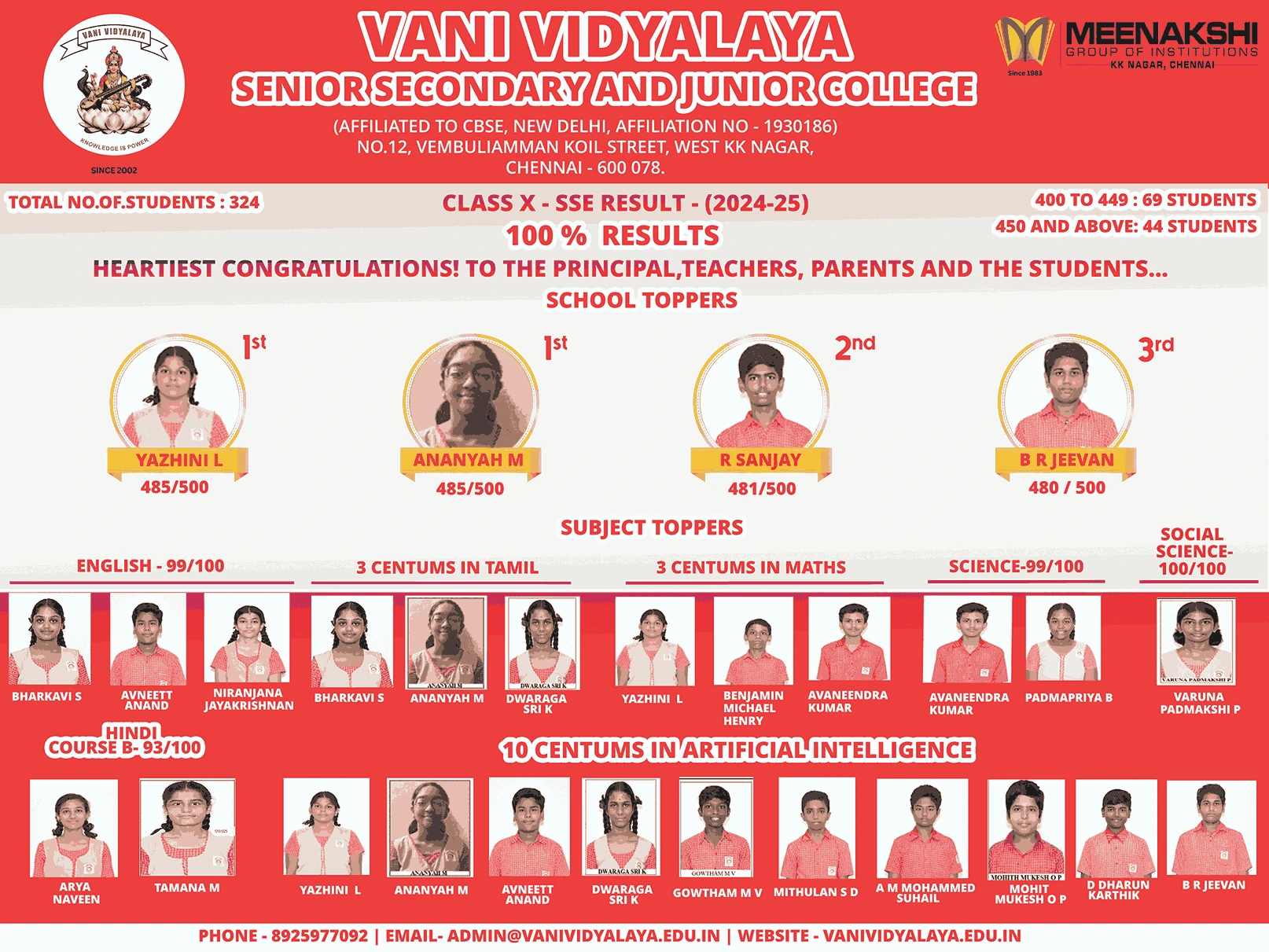X Result of 2024-2025 — Vani Vidyalaya Senior Secondary & Junior College