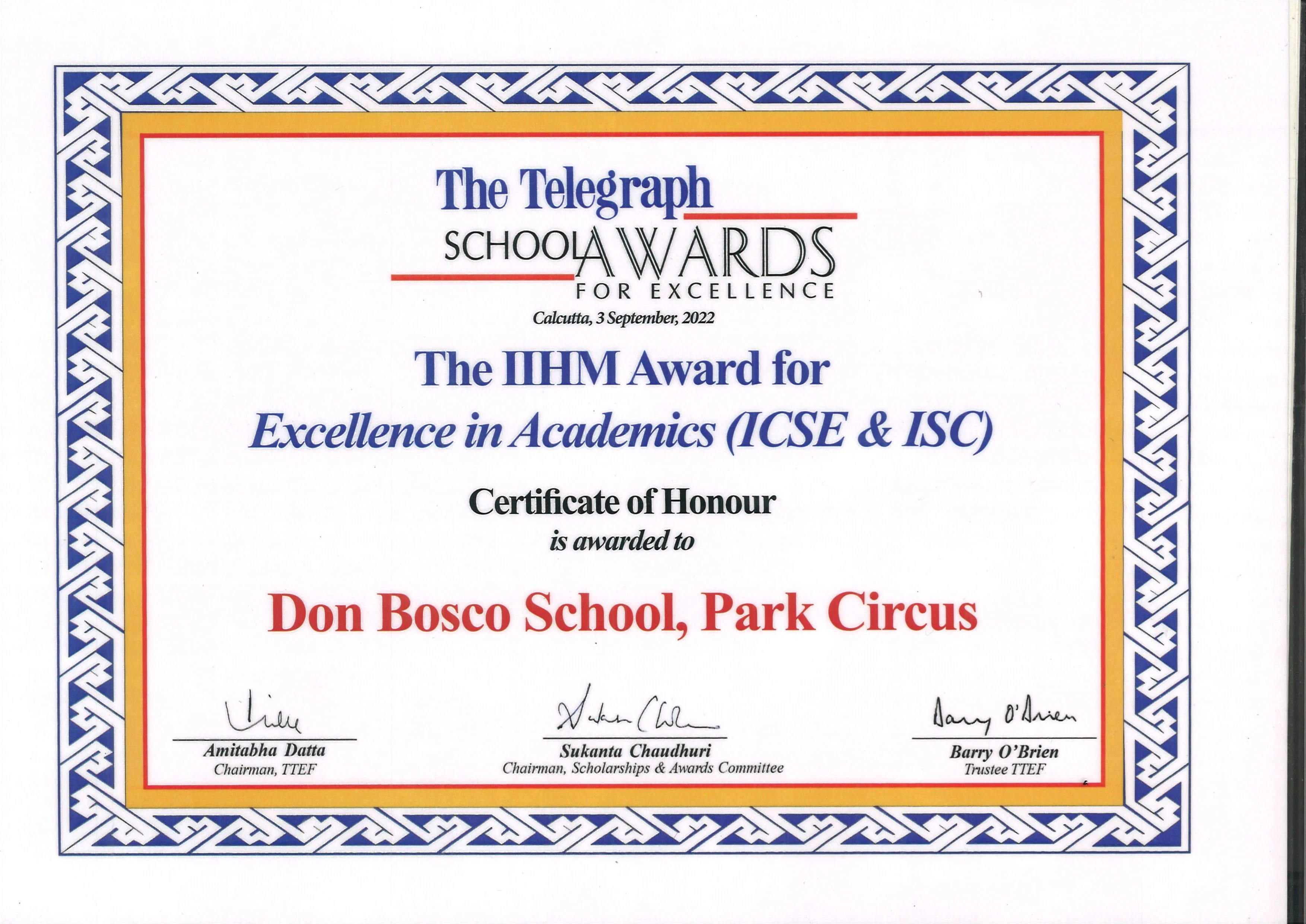 Academic Excellence Certificate — Don Bosco School